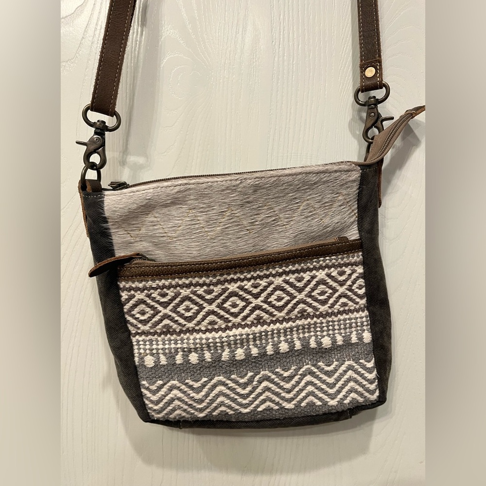 Myra Bags Western Style Chevron Patterned Cross Body Leather Canvas Handbag